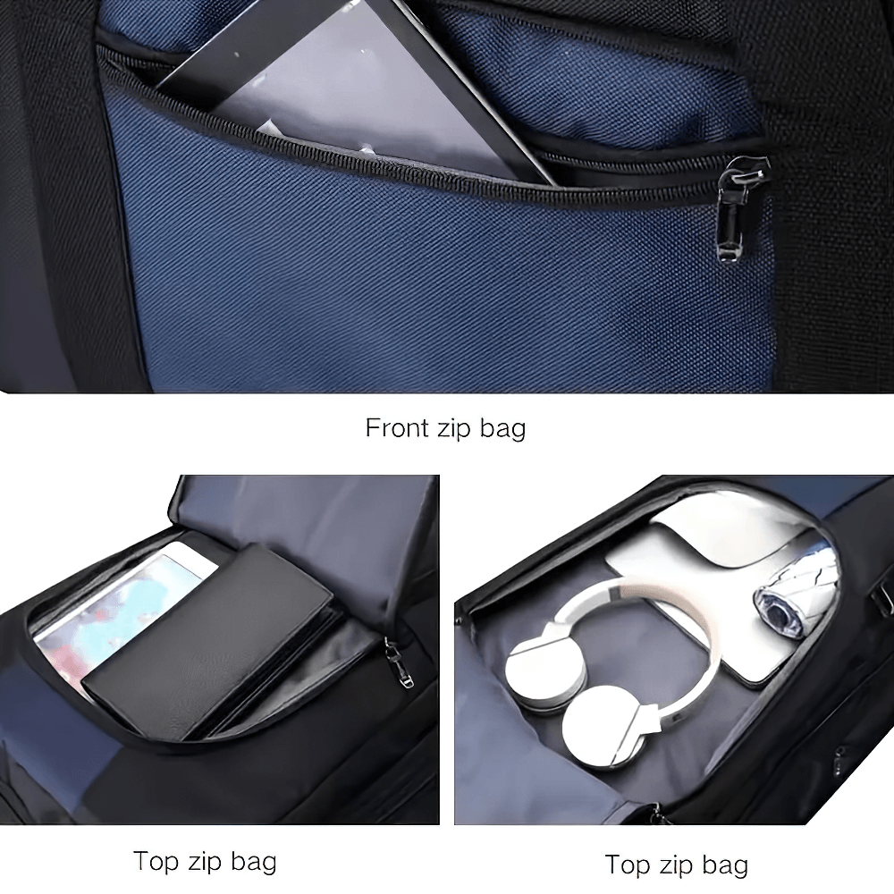 Expandable travel suitcase with front and top zip pockets holding tech items and headphones, showcasing versatile storage options.