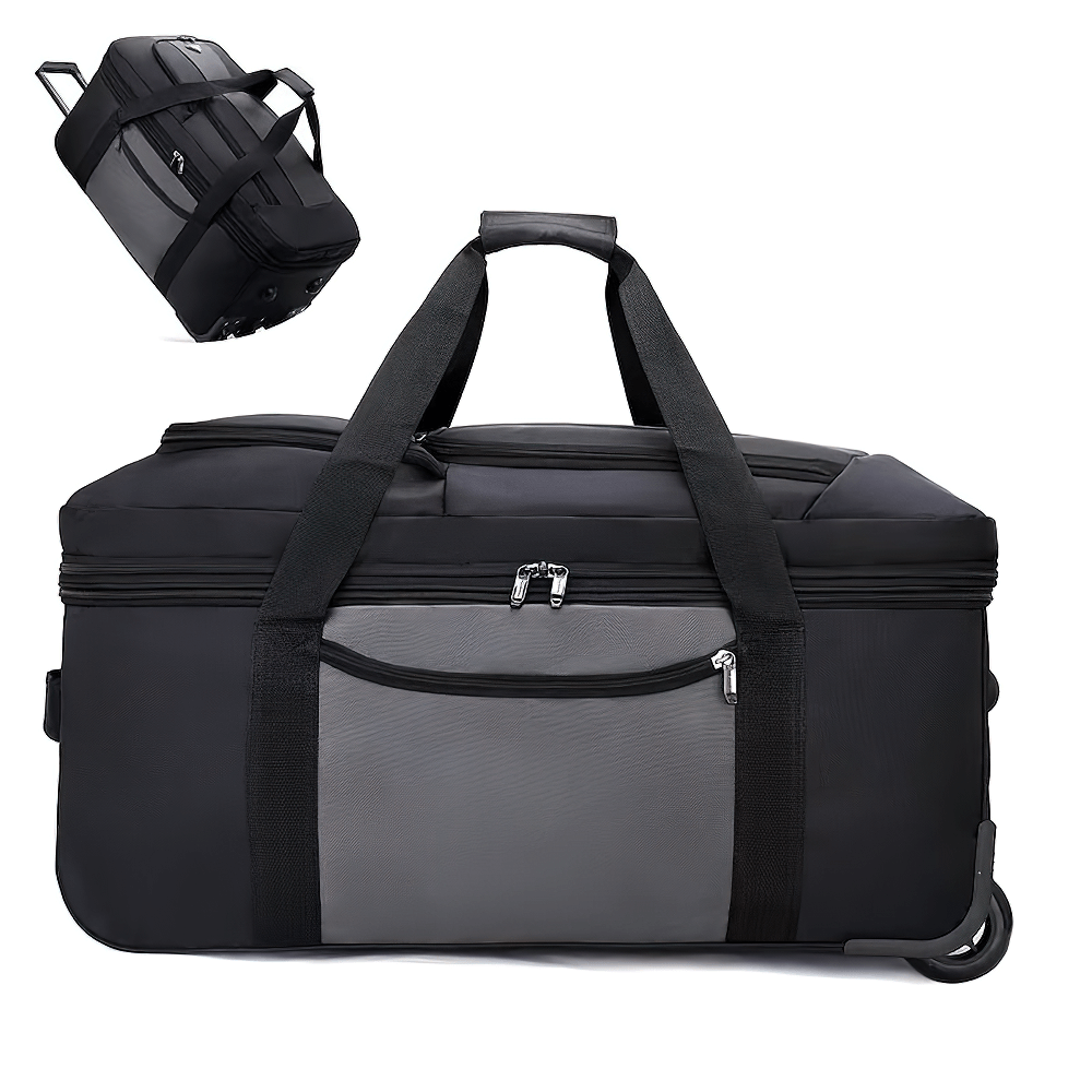 Expandable travel suitcase on wheels, SF2667, with telescoping handle, durable black polyester, large capacity, portable trolley bag.