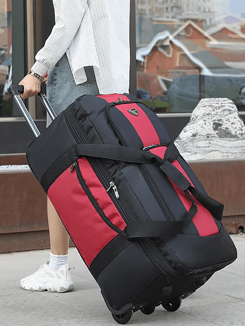 Expandable travel suitcase on wheels with telescoping handle, durable polyester construction, perfect for stylish and versatile travel.