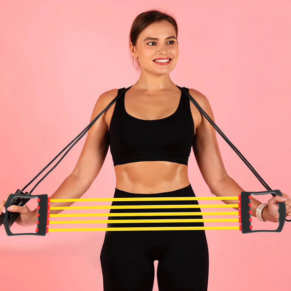 Person using Expander with 5 Resistance Tube Bands for Training - SF3427, demonstrating fitness workout with detachable bands.