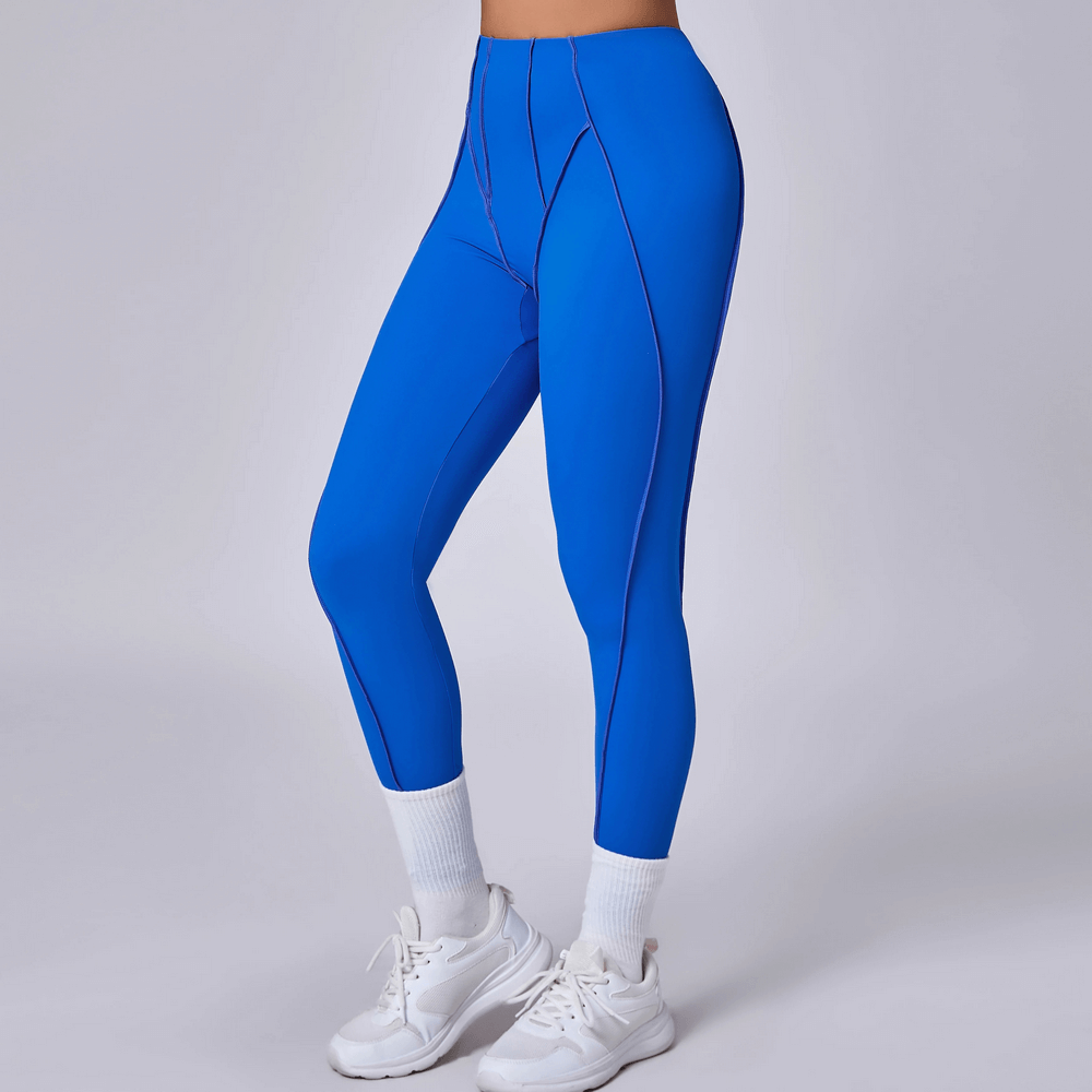 Exposed Seam High Waist Yoga Leggings - SF4056 in vibrant blue, showing unique seams and squat proof design for gym workouts.