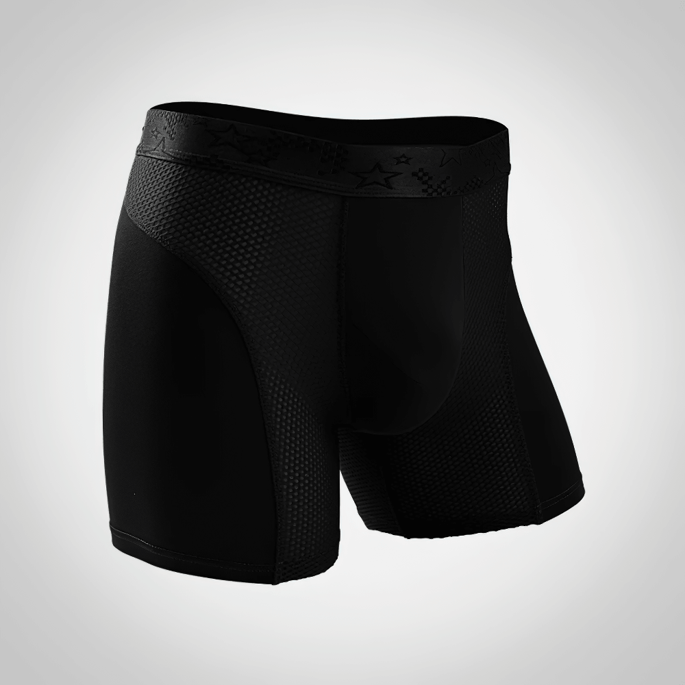 Extra Long Men's Sports Boxer Briefs with Mesh - SF4671 in black with anti-wear leg coverage and mesh panels for airflow.