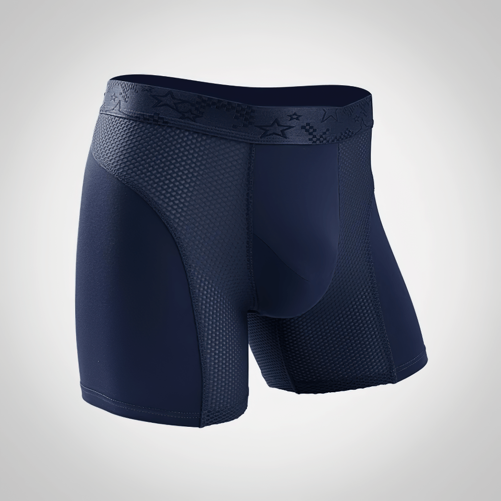 Extra Long Men's Sports Boxer Briefs with Mesh - SF4671 in navy with textured mesh panels for airflow.