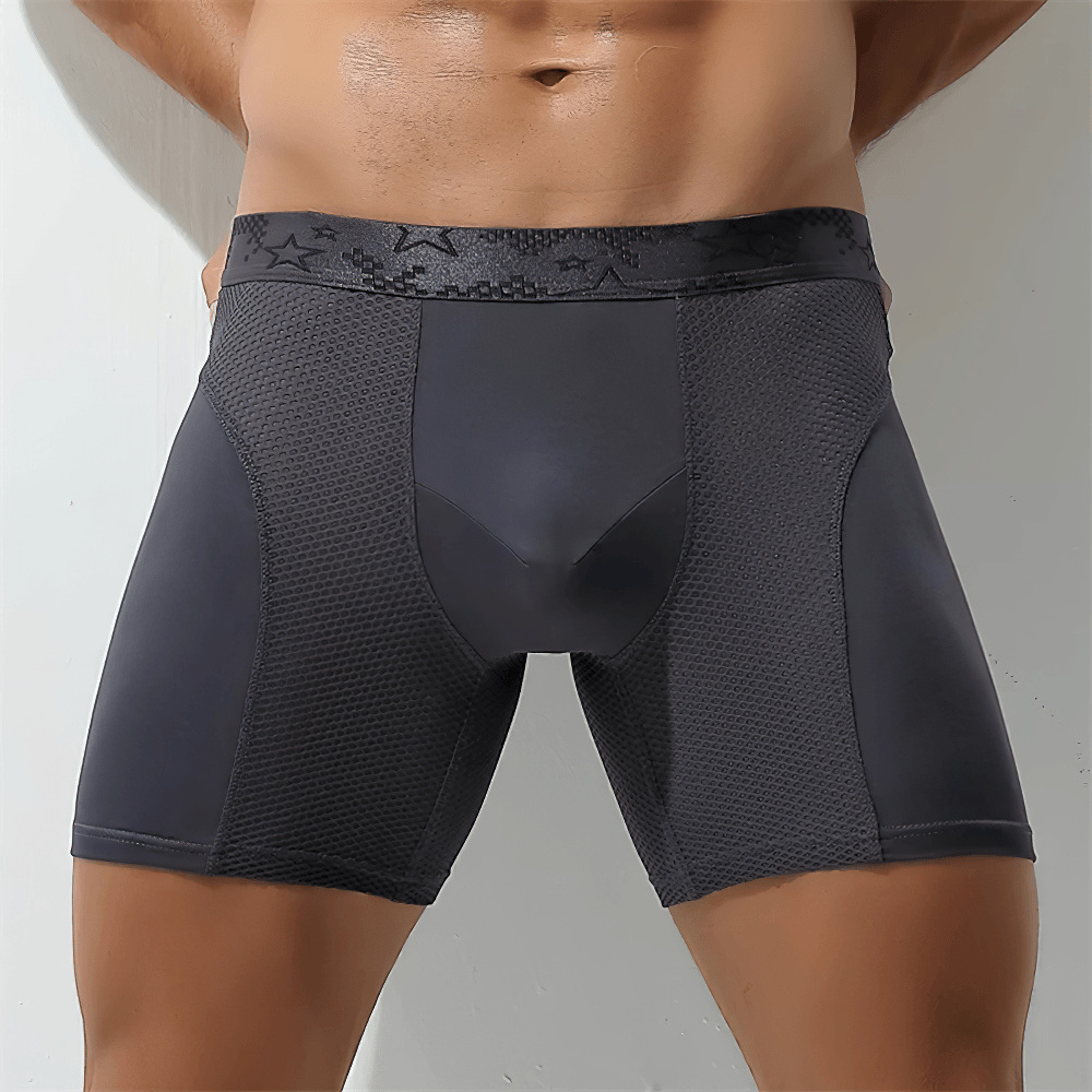 Extra Long Men's Sports Boxer Briefs with Mesh - SF4671 in black color, featuring mesh panels for breathability.