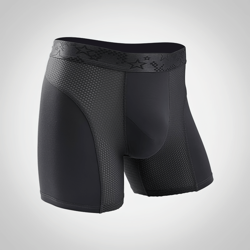 Extra Long Men's Sports Boxer Briefs with Mesh - SF4671 in sleek black design, featuring textured mesh panels for enhanced airflow.