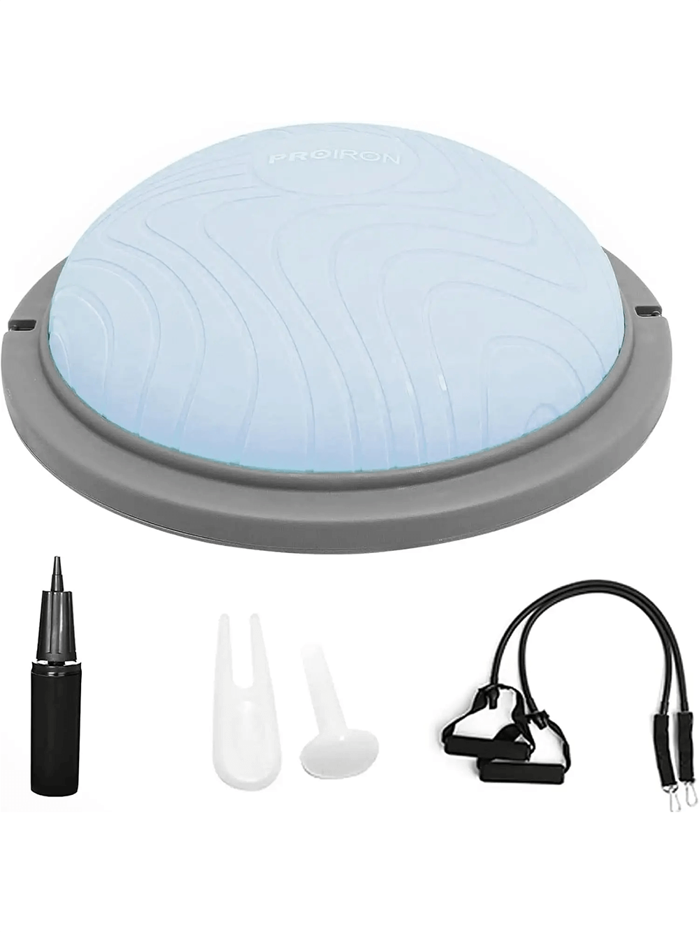 Extra Thick Balance Ball Trainer with pump and resistance bands for stability and full-body workouts, non-slip base included.