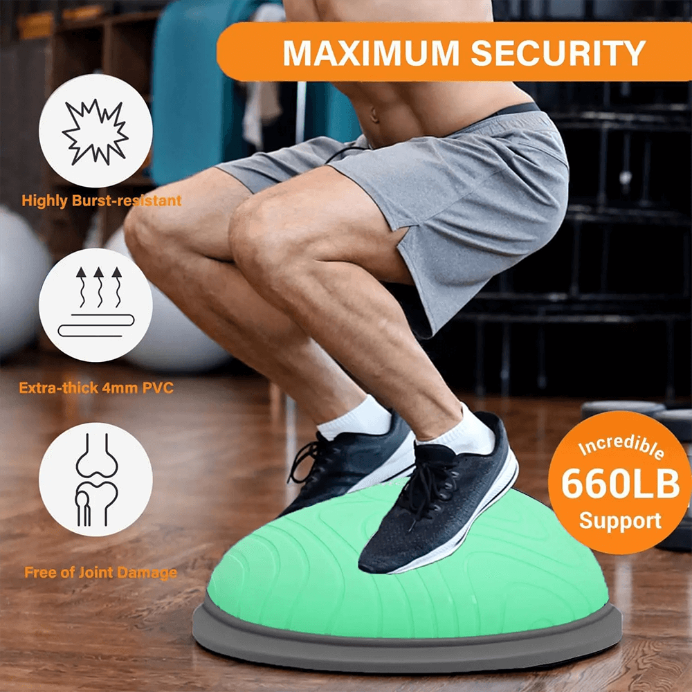 Alt Tag: Person using Extra Thick Balance Ball Trainer for enhanced stability and core workout, featuring a durable 660lbs capacity.