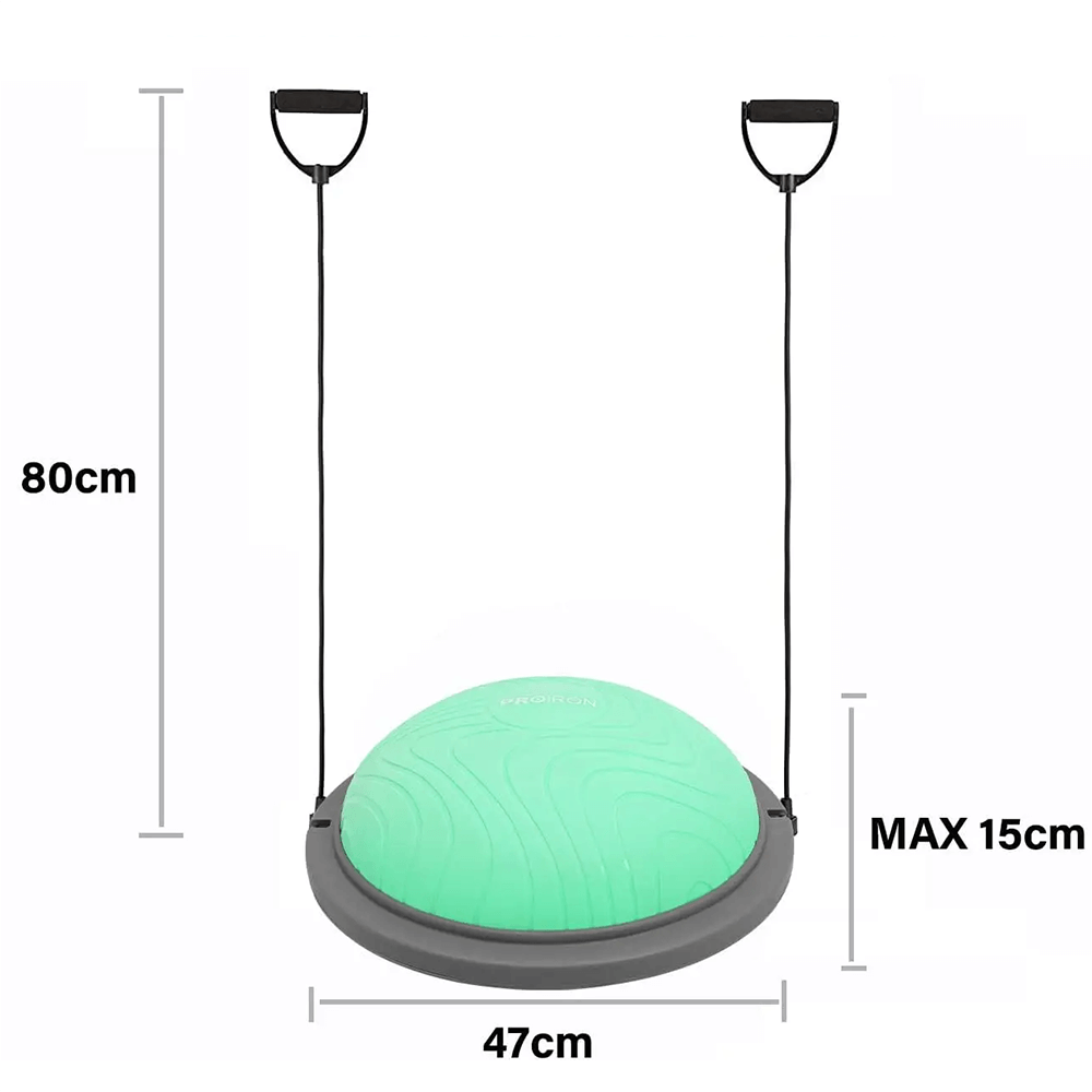 Extra thick balance ball trainer with resistance bands, dimensions shown. Ideal for core workouts and balance improvement.