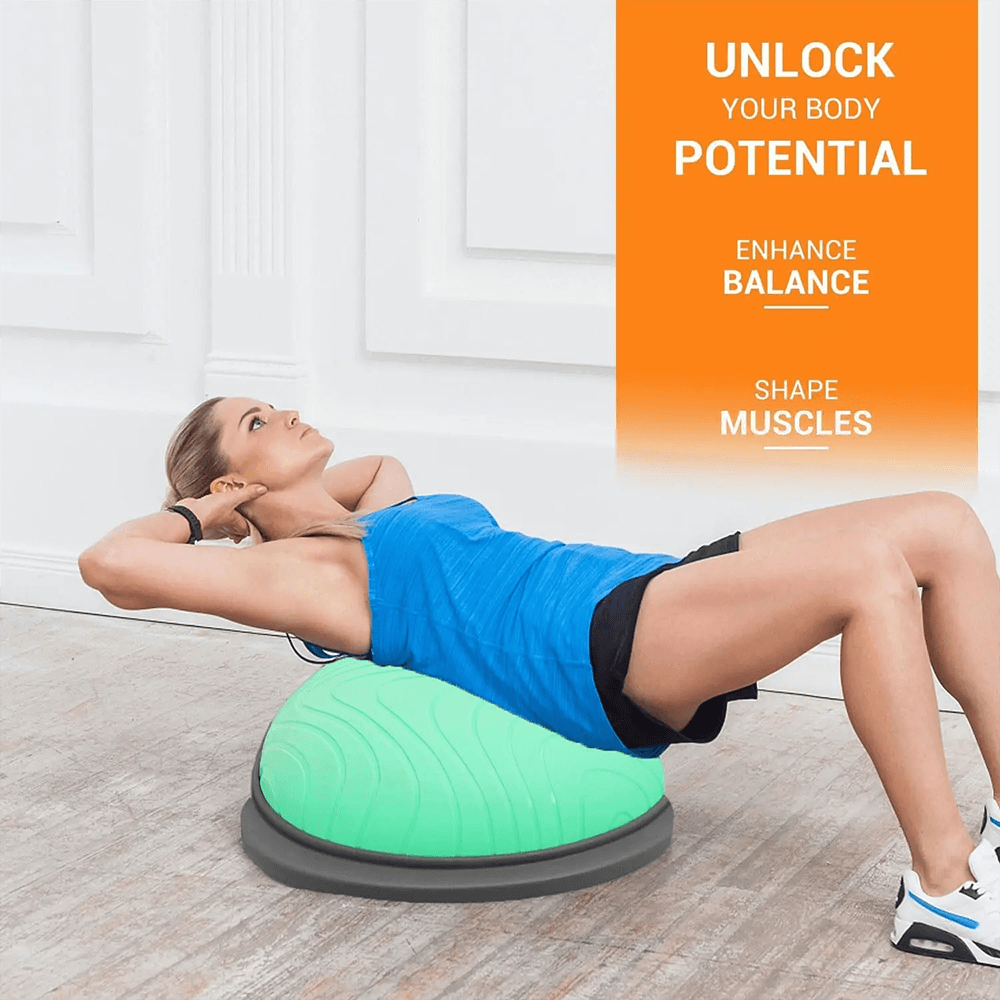 Woman exercising on Extra Thick Balance Ball Trainer SF3393 for core strength and balance with non-slip base and resistance bands.