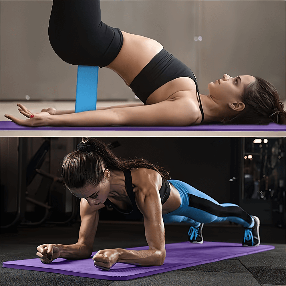 Woman using extra thick non-slip exercise mat for yoga and strength training, offering stability and joint protection.