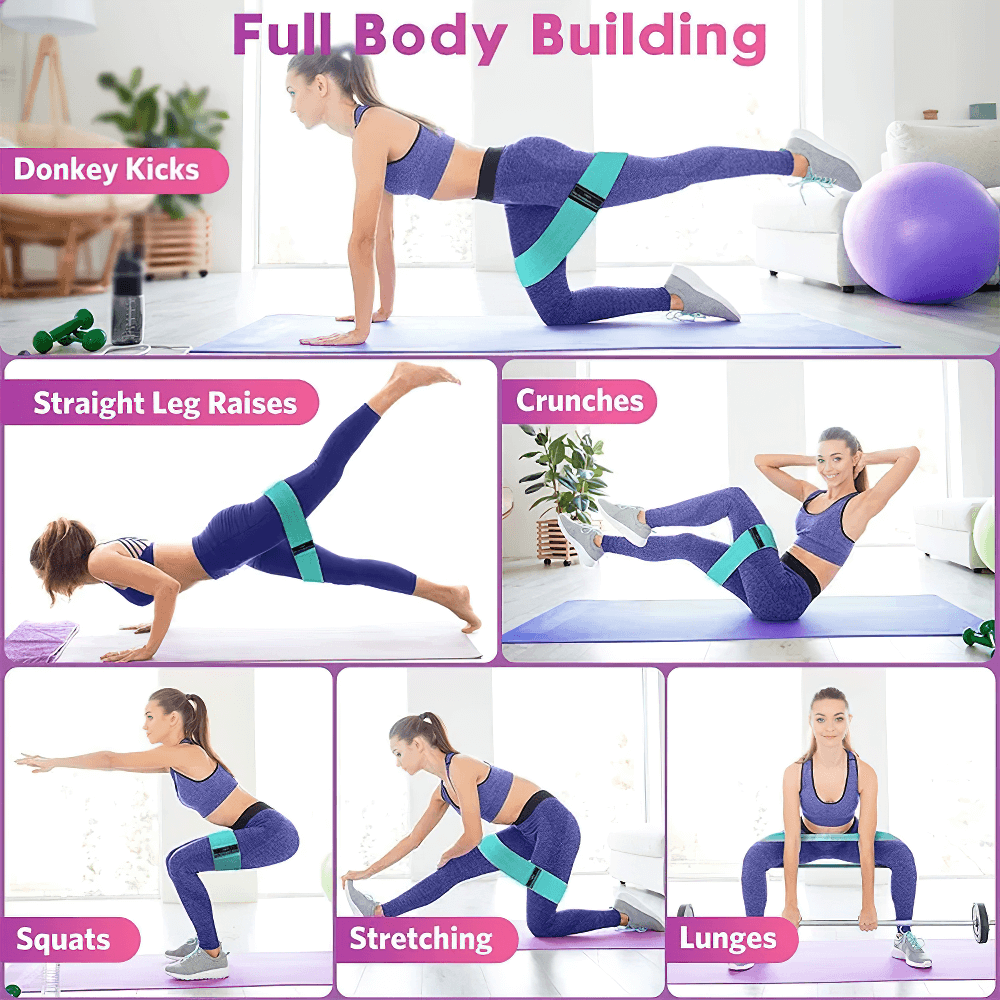 Fitness collage demonstrating exercises with fabric resistance bands: donkey kicks, straight leg raises, crunches, squats, stretching, lunges.