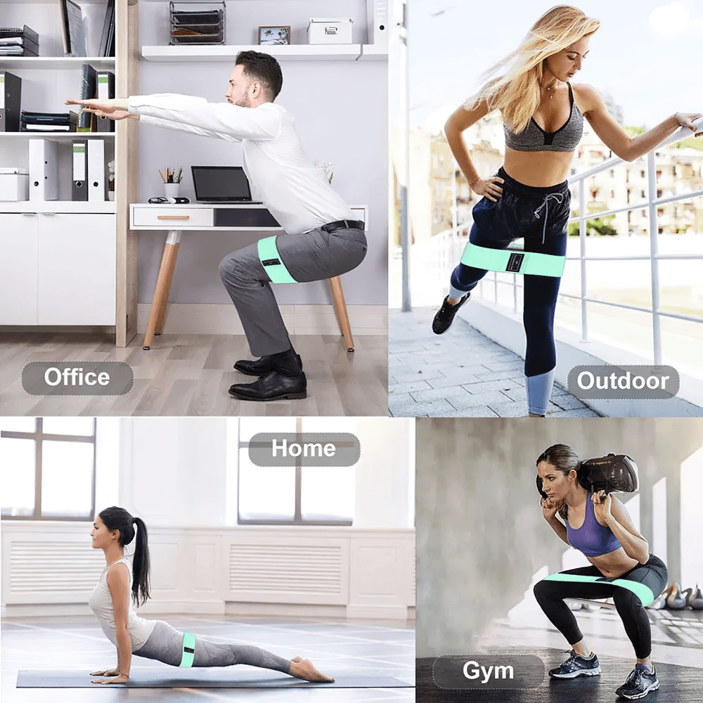 Collage of people using fabric resistance bands for workouts at office, outdoor, home, and gym settings.