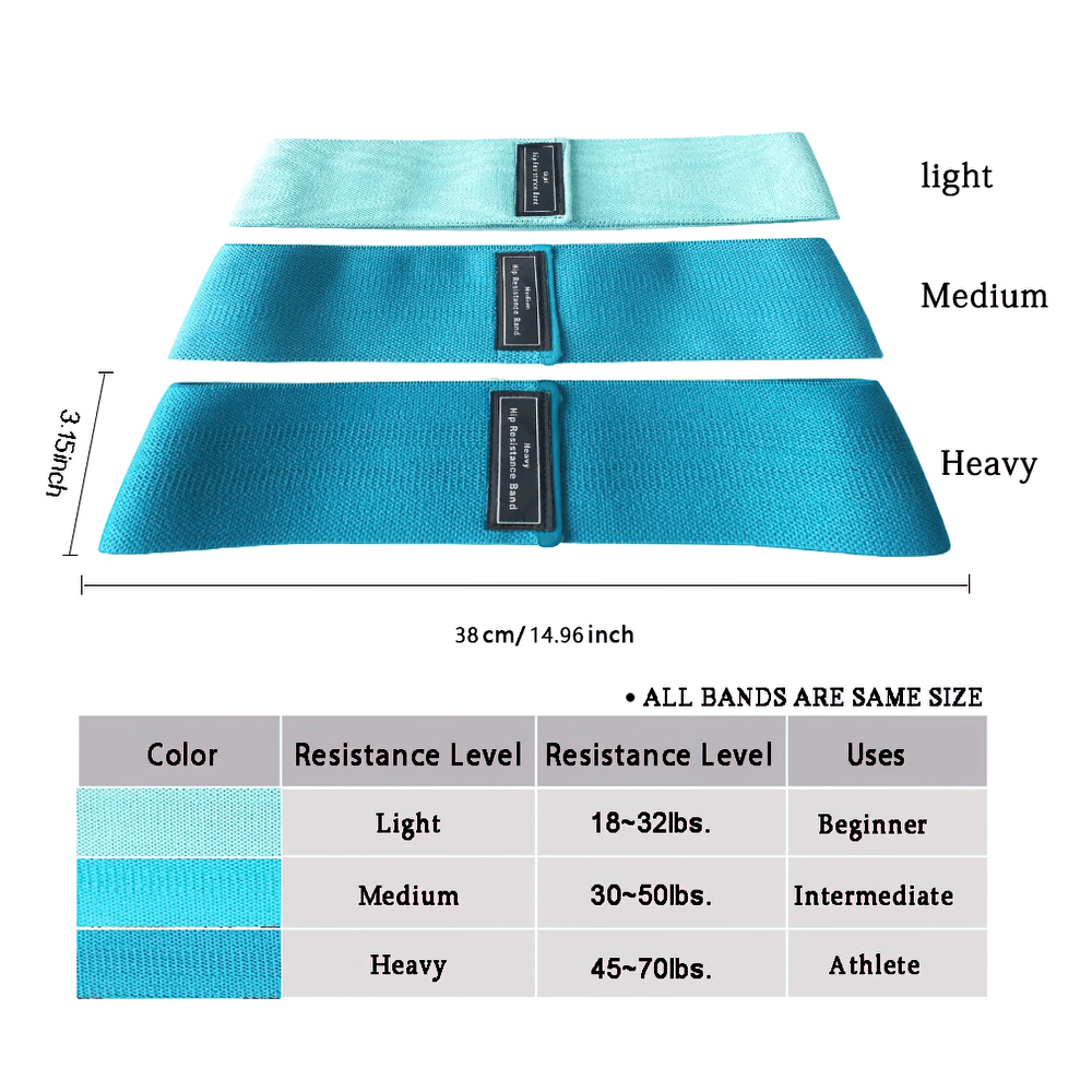 Three fabric resistance bands in light, medium, and heavy tensions, shown with sizing and resistance levels for workout versatility.