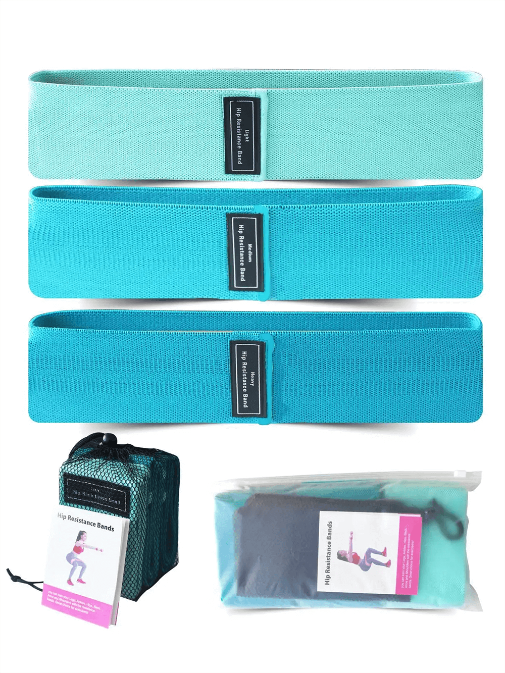Set of three fabric hip resistance bands for glute training with storage bags, perfect for yoga, pilates, and fitness loops.