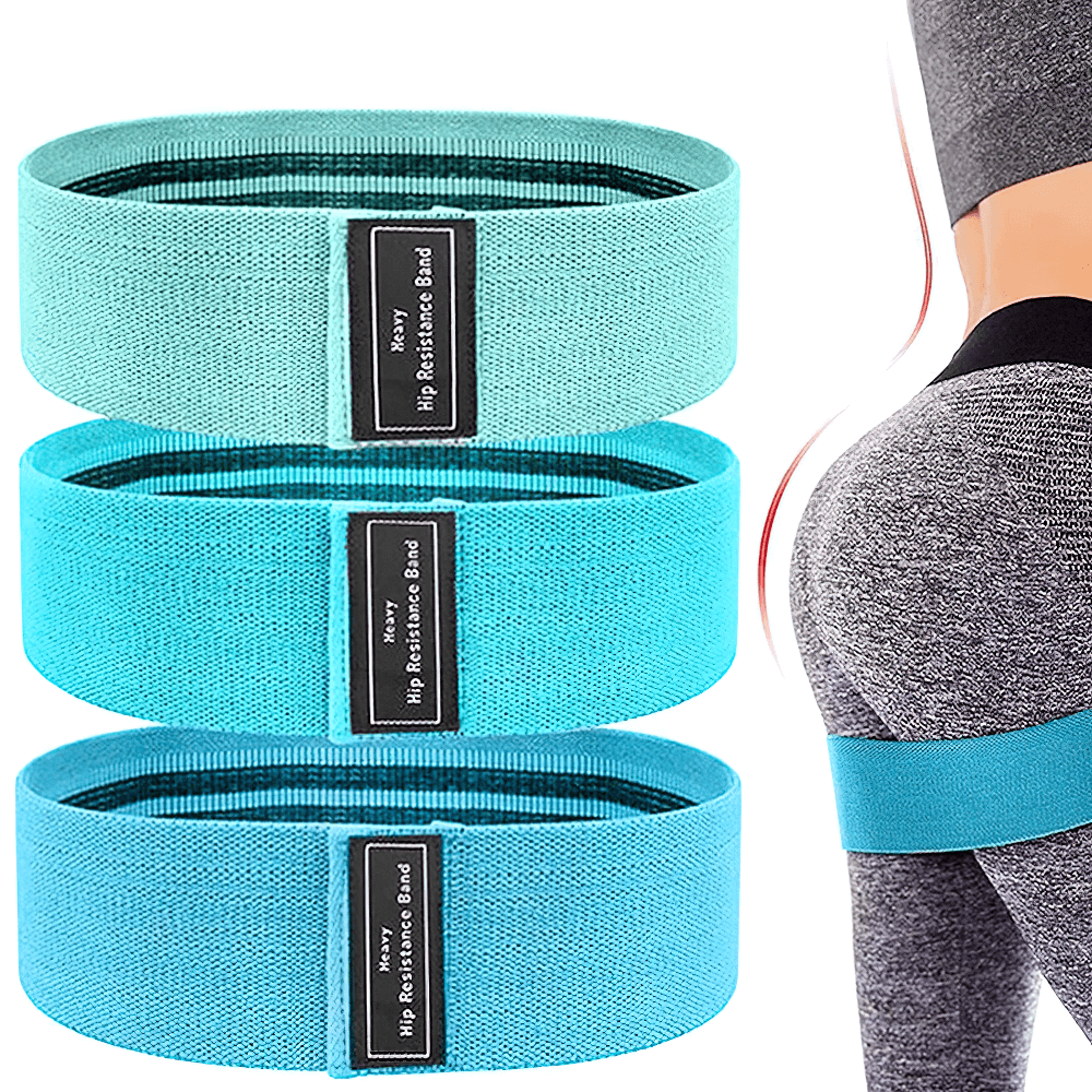 Fabric hip resistance bands for glute training, non-slip fitness loops for yoga and gym, shown in blue with model demonstrating use.