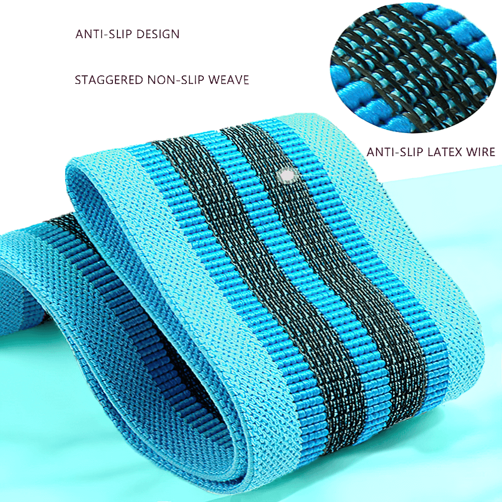 Blue non-slip fabric resistance band with anti-slip design for glute and leg workouts, featuring staggered weave and latex wire.