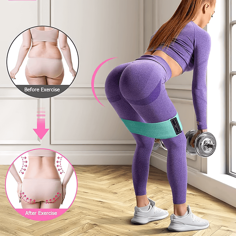 Woman exercising with fabric hip resistance band, showcasing glute training results, perfect for yoga and leg workouts, non-slip design.