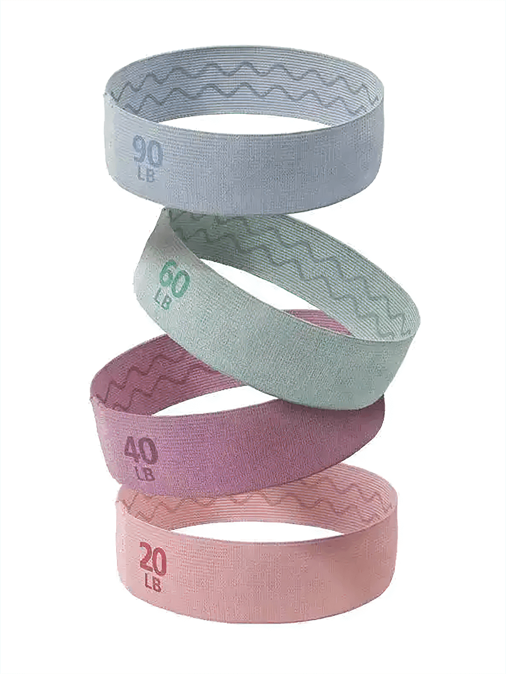 Stack of fabric resistance bands for home gym, 20LB to 90LB, ideal for Pilates and strength training.