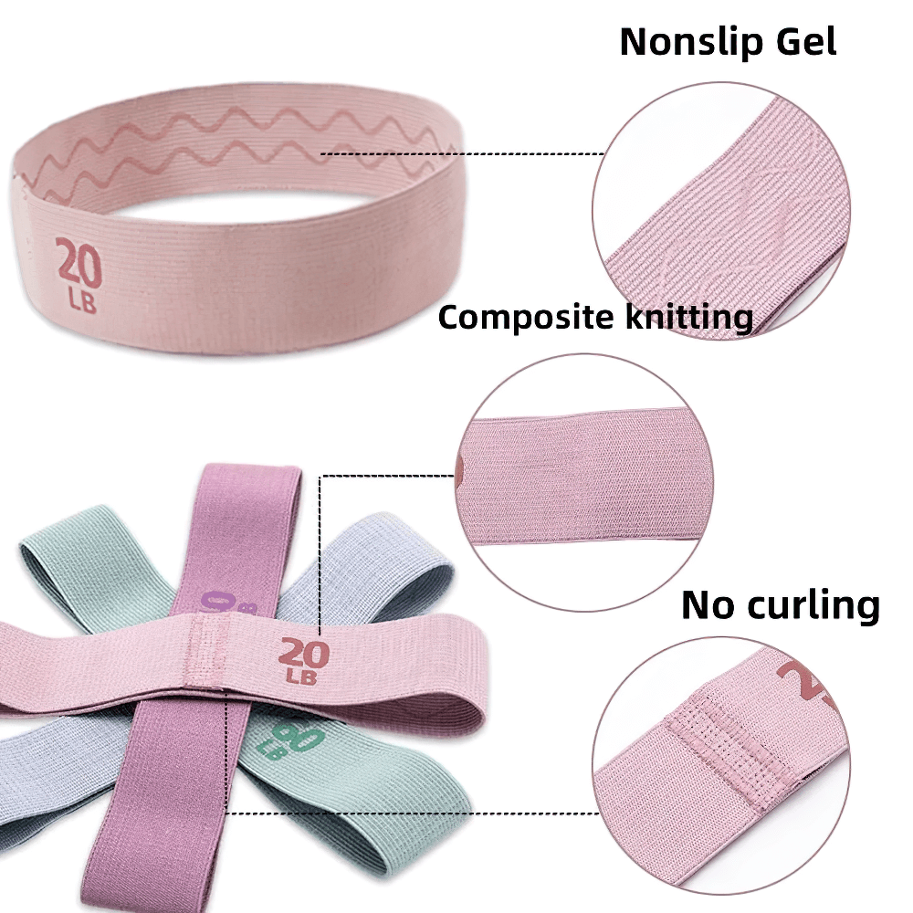 Pink fabric resistance band with non-slip gel, composite knitting, and no curling features for Pilates and strength training.