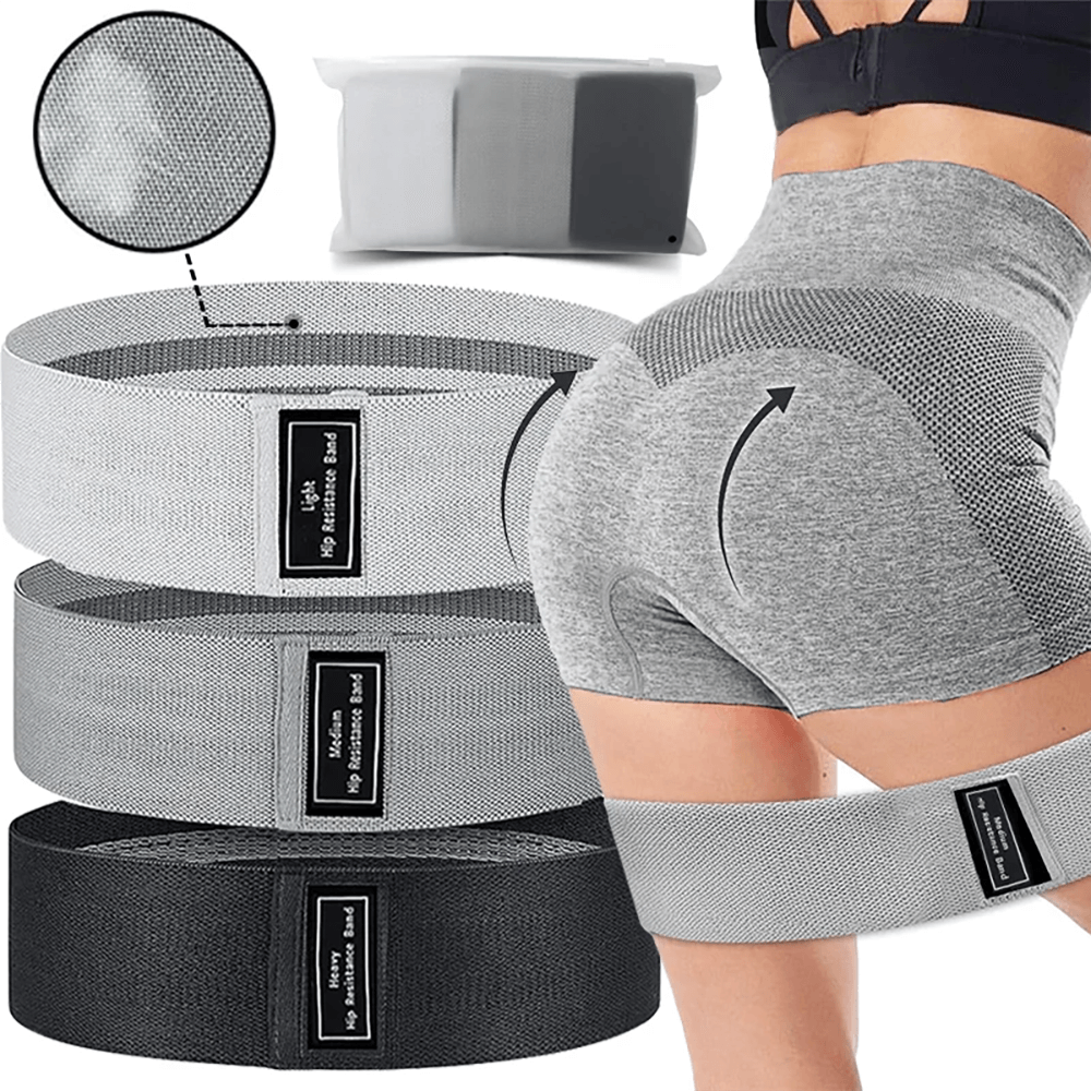 Fabric resistance hip bands for glute and thigh activation in workout, shown in action, featuring non-slip elastic design.