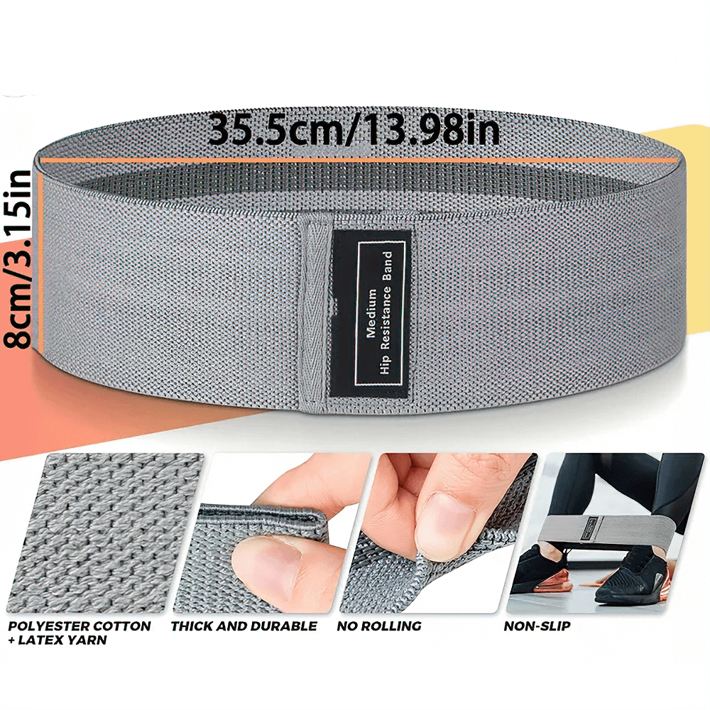 Gray fabric resistance hip band for glutes and thighs, 13.98 inches long, featuring non-slip design and durable material.