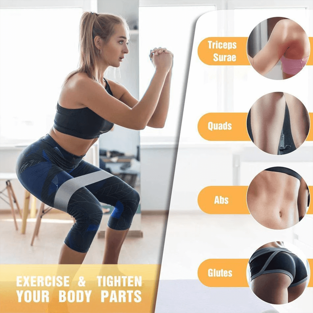 Woman exercising with resistance bands, targeting glutes, quads, abs, and triceps surae for body toning and strength training.