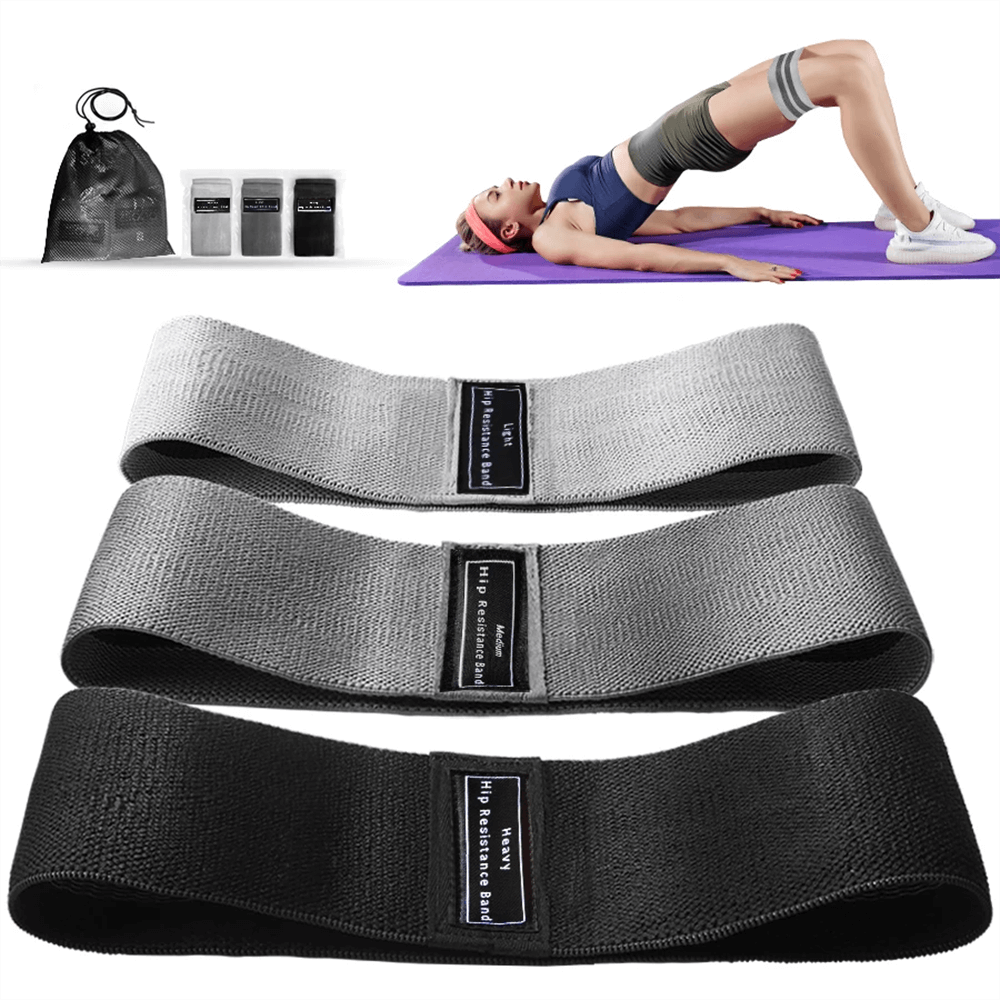 Elastic fabric resistance hip bands for glute and thigh workouts, shown with woman exercising on mat and carrying pouch.