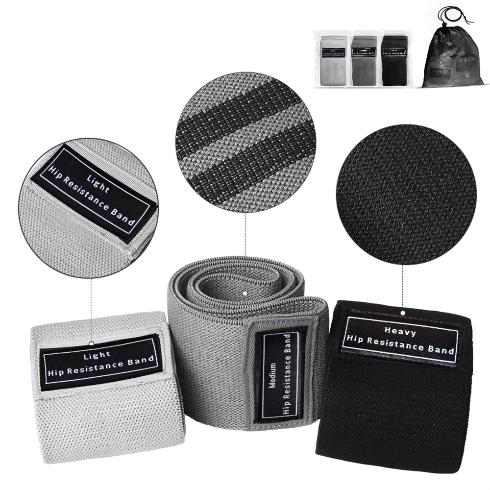 Set of fabric resistance hip bands for glute and thigh workouts; includes light, medium, and heavy bands with non-slip design.