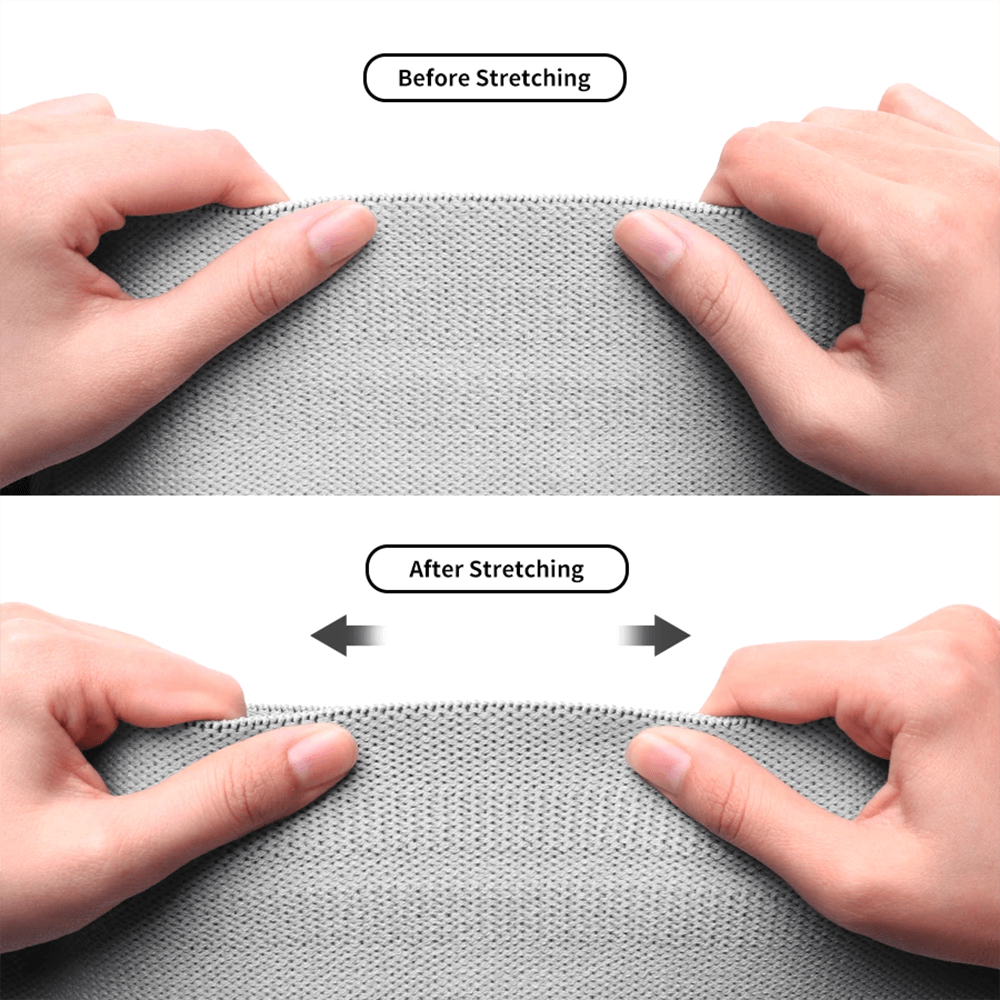 Hands stretching a non-slip fabric resistance hip band to show elasticity before and after, ideal for glute and thigh workouts.