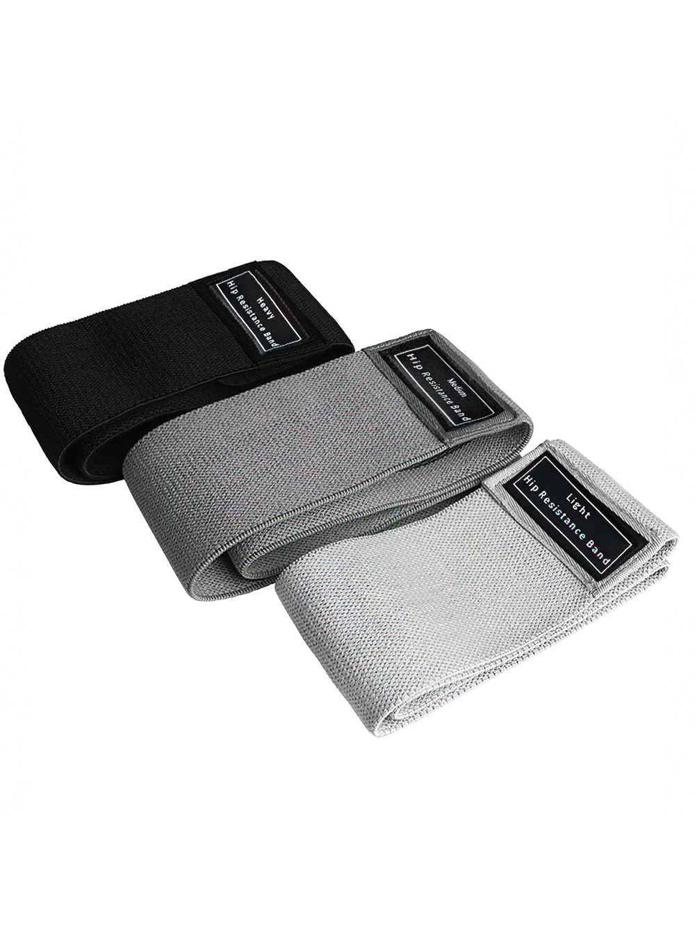 Three fabric resistance hip bands in black, gray, and white for glute and thigh workouts. Ideal for squats and lunges.