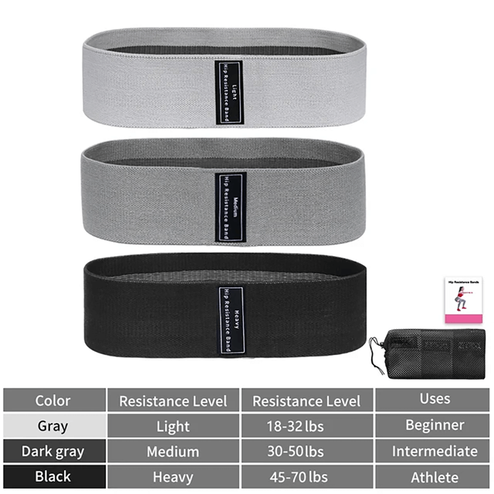 Three fabric resistance hip bands for glutes and thighs in light, medium, and heavy resistance with included guide and carry case.