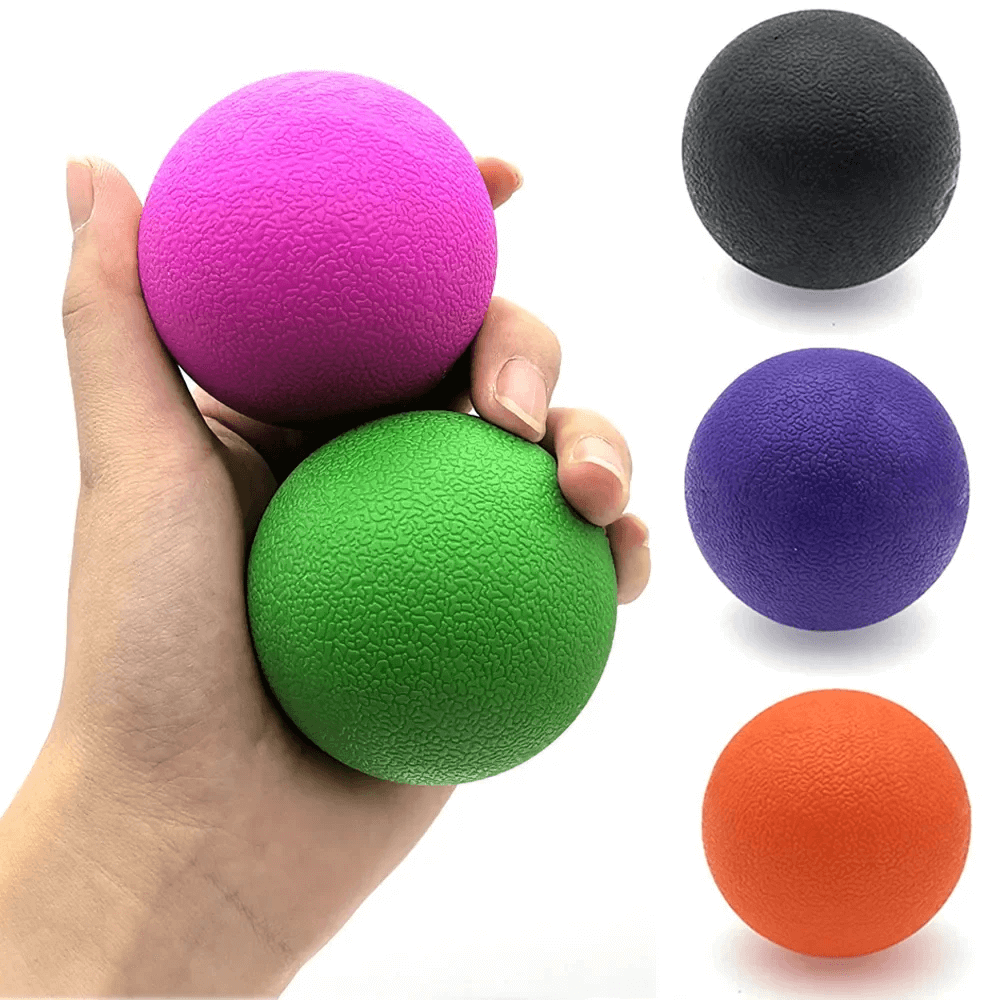 Colorful TPE fascia balls for muscle massage and pain relief, held in hand, available in pink, green, black, purple, and orange.