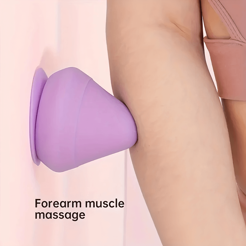 Purple fascia cone massager attached to a wall, targeting forearm muscle for deep tissue relief and relaxation.