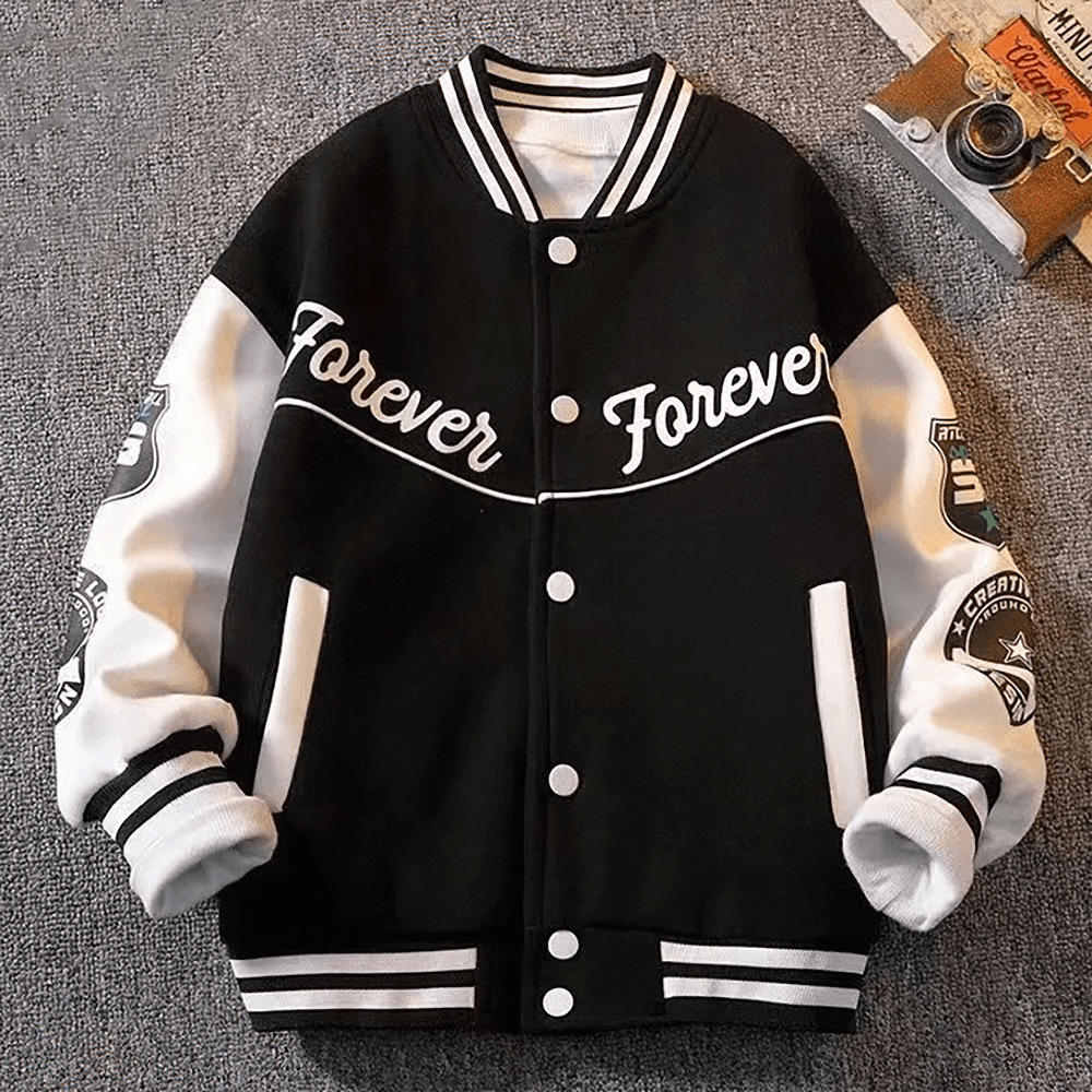 Stylish black and white kids' baseball jacket with 'Forever' logo, perfect for teenage boys' spring fashion and sports activities.