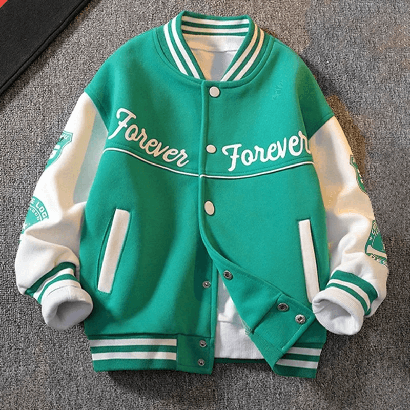 Green and white kids baseball jacket with "Forever" text, part of the Spring Fashion collection for teenage boys, SF3132.