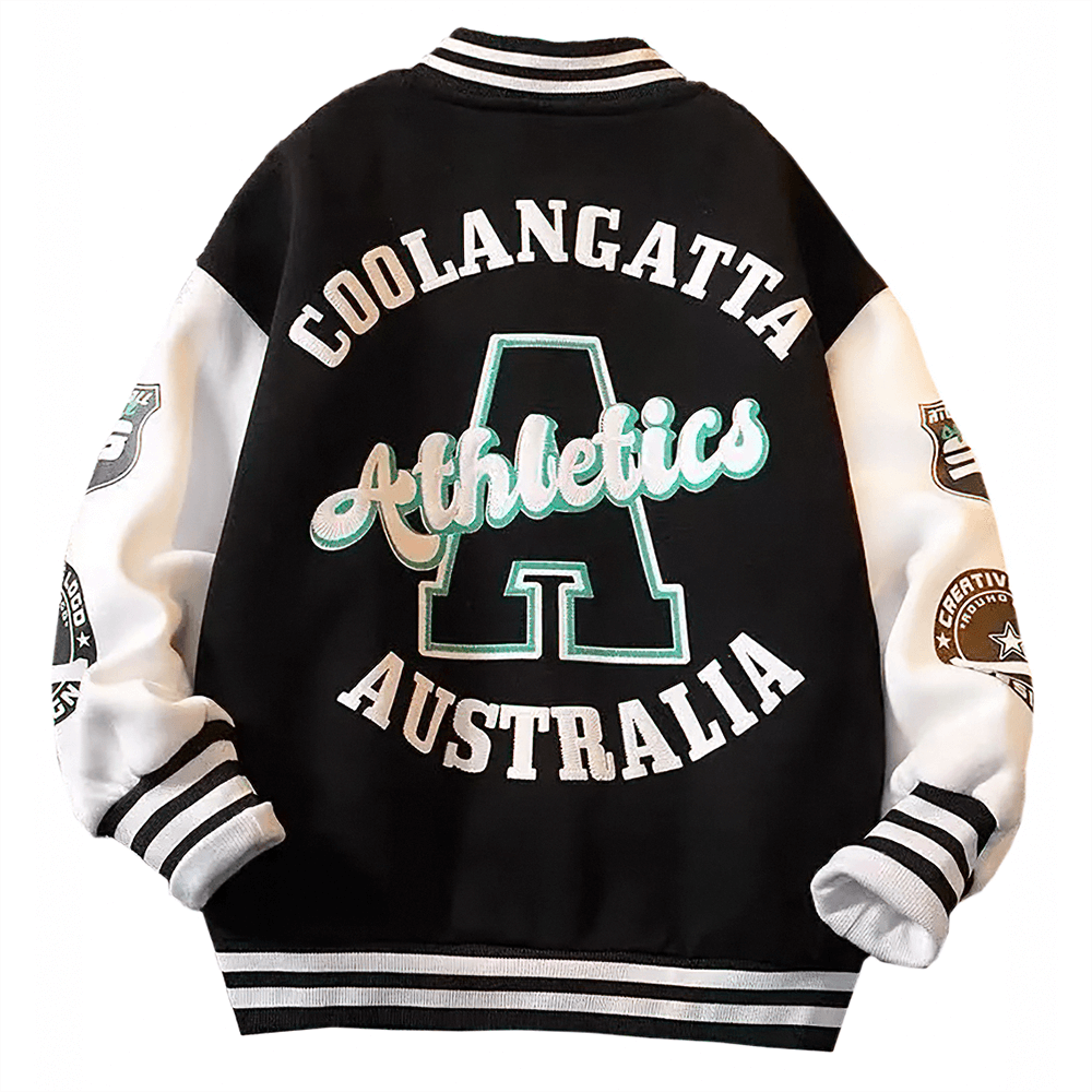 Kids fashion baseball jacket with Coolangatta Athletics Australia logo, perfect spring outerwear for boys aged 3 to 14, sporty style.