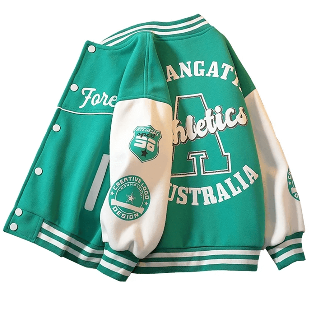Green and white kids baseball jacket with sporty logos, perfect for teenage boys aged 3 to 14, spring fashion outerwear.