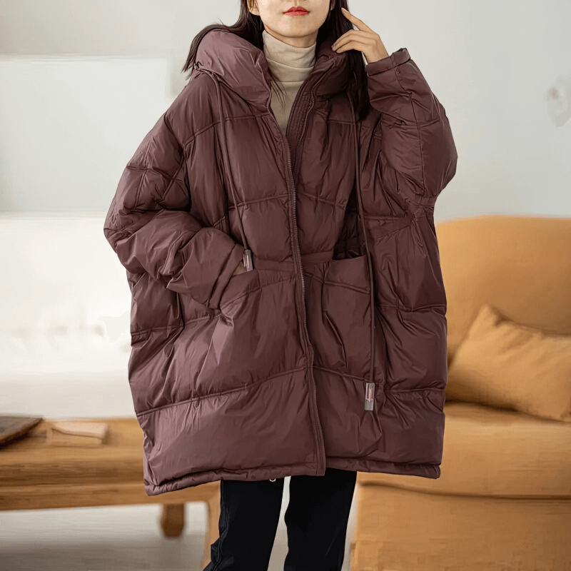 Fashion casual women's oversized down jacket with hood in burgundy, featuring 90% down fill and pockets for style and warmth.
