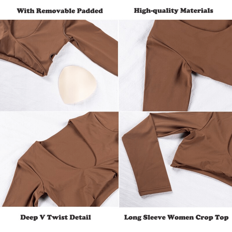 Cropped sporty long sleeve top with removable padding, deep V twist design, in brown, ideal for active women. SF1333.