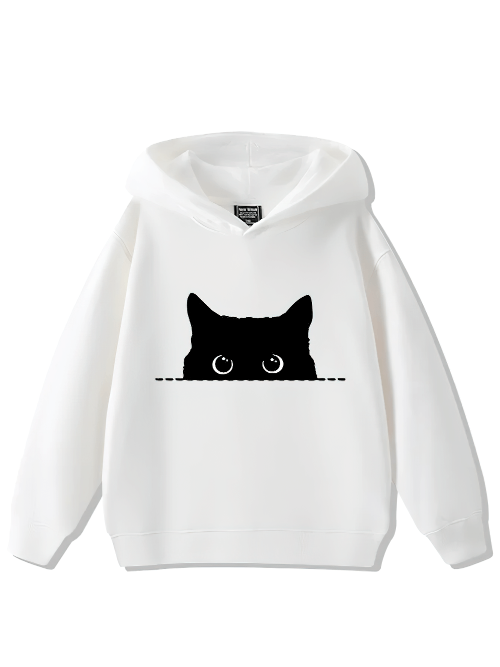 Fashion Cute Peeking Black Cat Print Hoodie - SF3625 in white, perfect for animal lovers and cozy streetwear enthusiasts.
