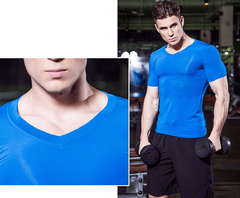 Man wearing a blue fashion elastic V-neck short sleeve men's t-shirt, demonstrating its slim fit and flexible material design.