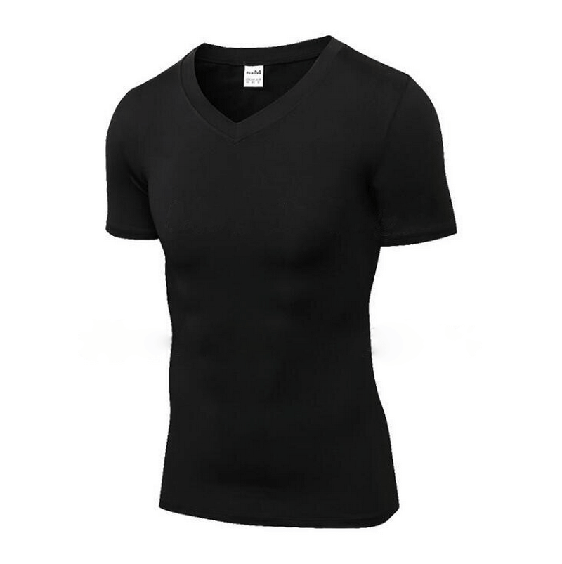 Fashion Elastic V-Neck Short Sleeve Men's T-Shirt in black, slim fit, perfect for casual wear. Polyester-spandex blend for comfort.