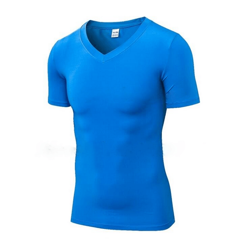 Blue elastic V-neck short sleeve men's t-shirt, slim fit, polyester spandex blend, solid color, casual fashion style.
