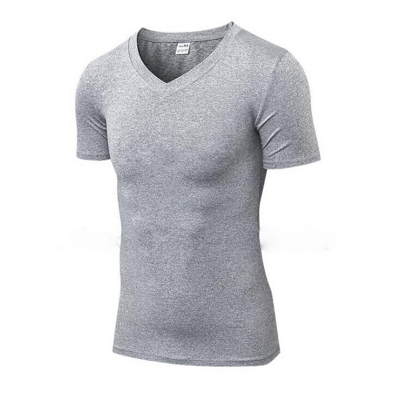 Fashion Elastic V-Neck Short Sleeve Men's T-Shirt SF1374 in gray, slim fit, breathable polyester blend, ideal for casual wear.