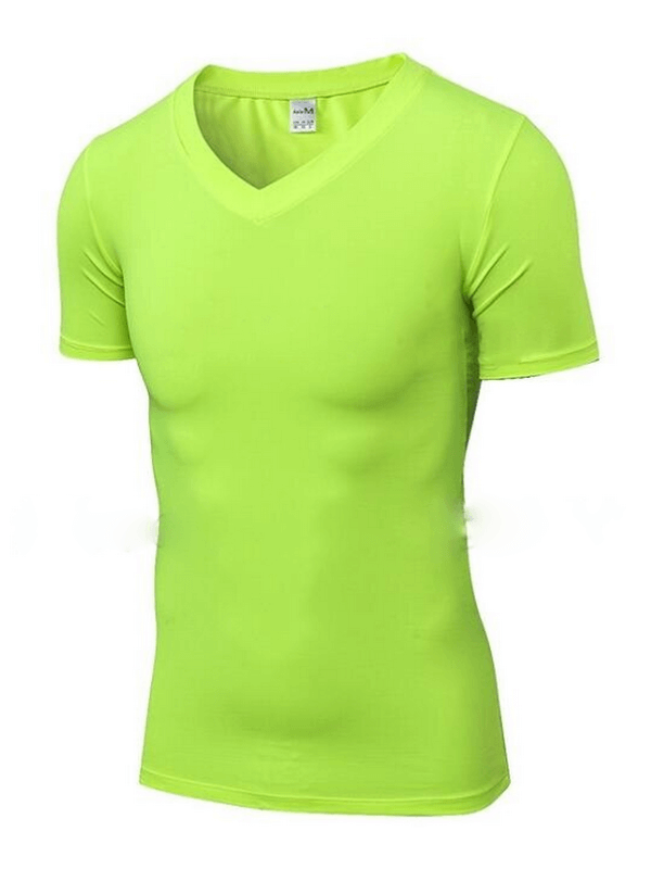 Fashion Elastic V-Neck Short Sleeve Men's T-Shirt in neon green, perfect for casual wear and style, in polyester-spandex blend.