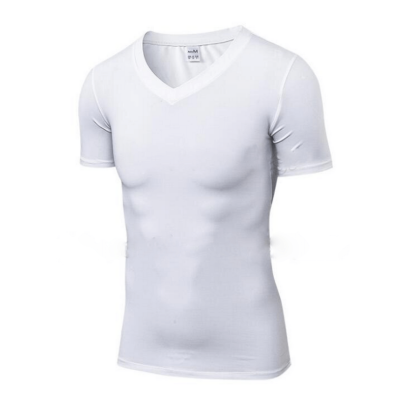 White elastic V-neck short sleeve men's t-shirt, slim fit, breathable polyester-spandex blend, ideal casual outfit.
