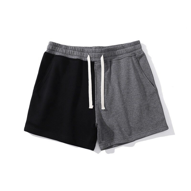 Fashion elastic waist two-color cotton shorts for men with patchwork design and drawstring, SF1394. Versatile and breathable for comfort.
