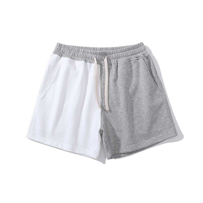 Men's elastic waist cotton shorts in white and gray with drawstring, pockets, and patchwork design, model SF1394.