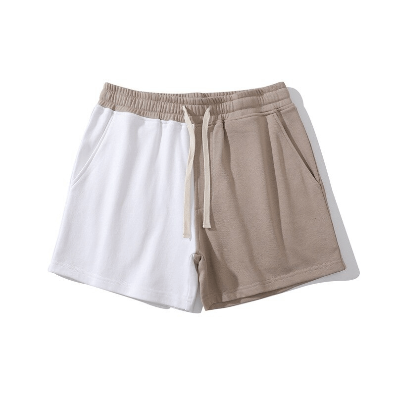 Men's two-color cotton shorts with elastic waist, featuring a stylish patchwork design; perfect blend of comfort and fashion.