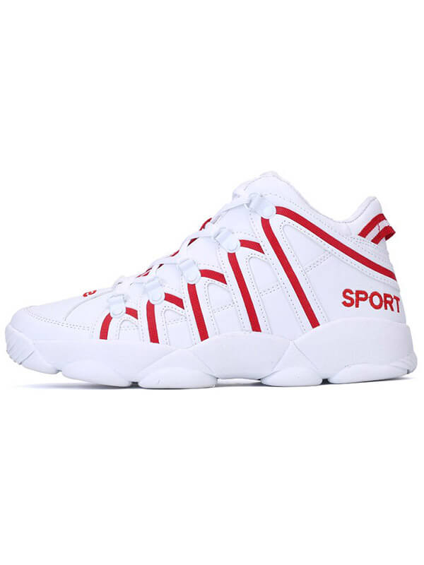 White and red fashion high lace-up sneakers SF1075 with PU upper, mesh lining, and rubber outsole for comfort and style.